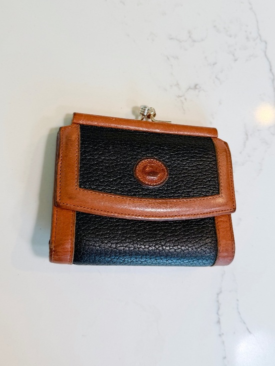 Dooney & Bourke Handbags - Vintage Dooney & Bourke AWL Kiss Lock Trifold Wallet - Black/Tan